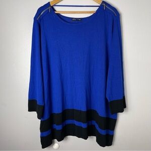 Cable & Gauge Scoop Neck Blue & Black Striped Shoulder Zipper Knit Top Size 3X